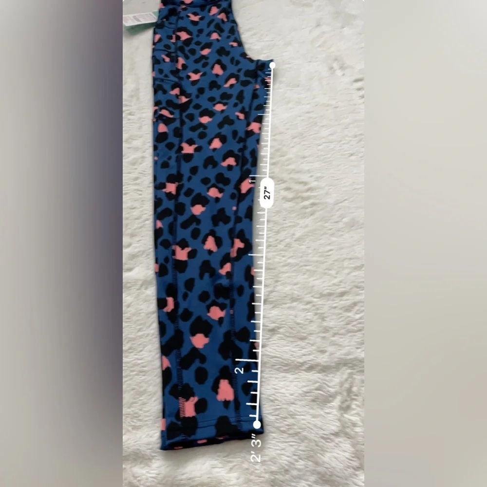 POP Fit Leggings Navy Blue Leopard Print Pockets Workout Gym Yoga Medium - Picture 9 of 9